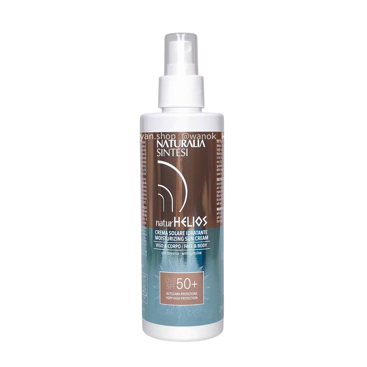 Wanok Cosmetics 貝嘉文 Naturalia SPF50 防曬噴霧，適合臉部與身體使用的保濕防曬乳，200ml瓶裝。